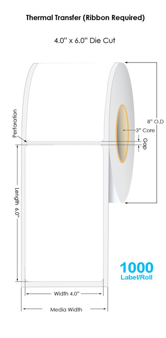 Thermal Transfer 4" x 6" Labels 1000/Roll - 3" Core | 8" OD Image 1