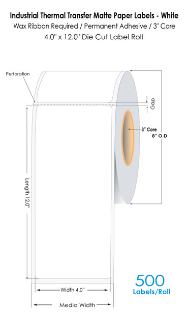 Industrial Thermal Transfer 4" x 12" White Paper Labels 500/Roll - 3" Core | 8" OD