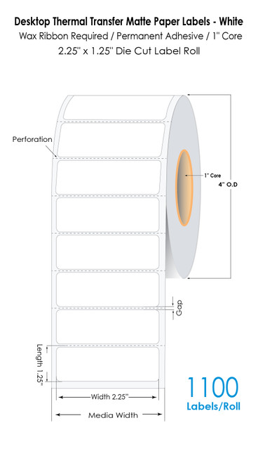Thermal Transfer 2.25" x 1.25" (1 UP) White Labels 1100/Roll - 1" Core | 4"OD Thermal Transfer 2.25" x 1.25" (1 UP) White Labels 1100/Roll - 1" Core | 4"OD