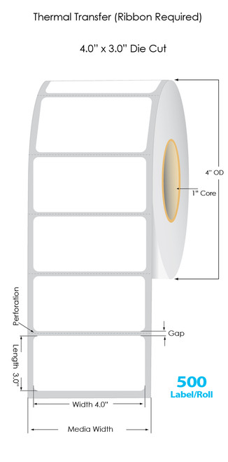 Thermal Transfer 4" x 3" Labels 500/Roll - 1" Core | 4" OD Image 1