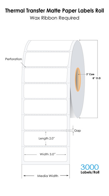 Thermal Transfer 3" x 2" Paper Labels 3000/Roll - 3" Core | 8" OD