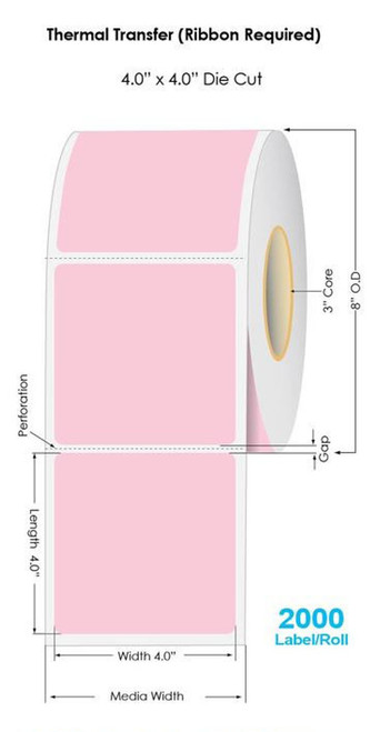 806 PINK Thermal Transfer 4" x 4" Fluorescent Floodcoated Labels 2000/Roll - 3" Core | 8" OD
