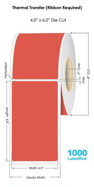 805 RED Thermal Transfer 4" x 6" Fluorescent Floodcoated Labels 1000/Roll - 3" Core | 8" OD