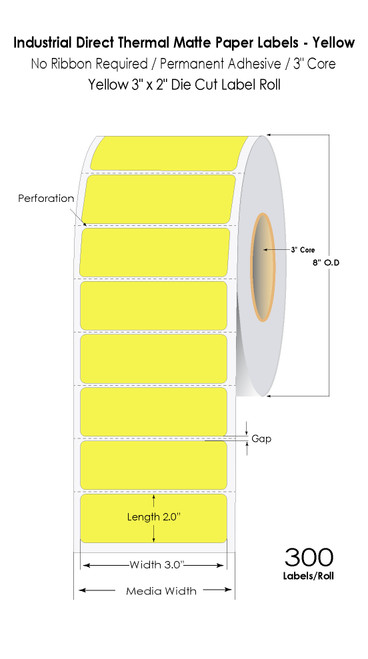 Yellow Direct Thermal 3" x 2" Floodcoated Labels 3000/Roll - 3" Core | 8" OD