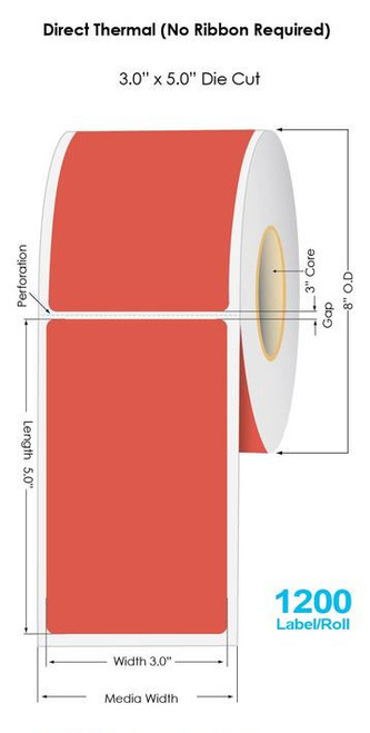 Red Direct Thermal 3" x 5" Floodcoated Labels 1200/Roll - 3" Core | 8" OD Image 1