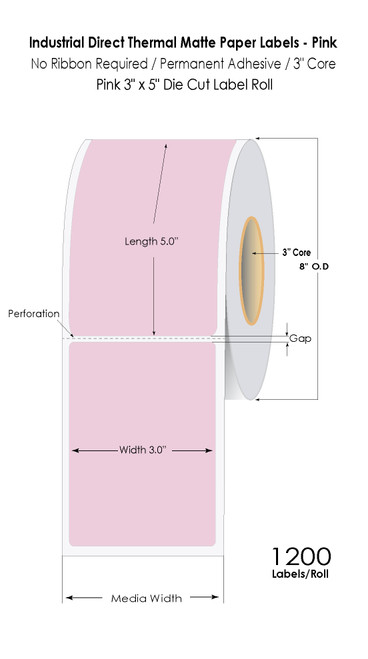 Pink Direct Thermal 3" x 5" Floodcoated Labels 1200/Roll - 3" Core | 8" OD