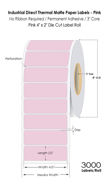 Pink Direct Thermal 4" x 2" Floodcoated Labels 3000/Roll - 3" Core | 8" OD