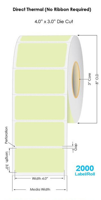 Green Direct Thermal 4" x 3" Floodcoated Labels 2000/Roll - 3" Core | 8" OD