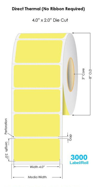 Yellow Direct Thermal 4" x 3" Floodcoated Labels 2000/Roll - 3" Core | 8" OD