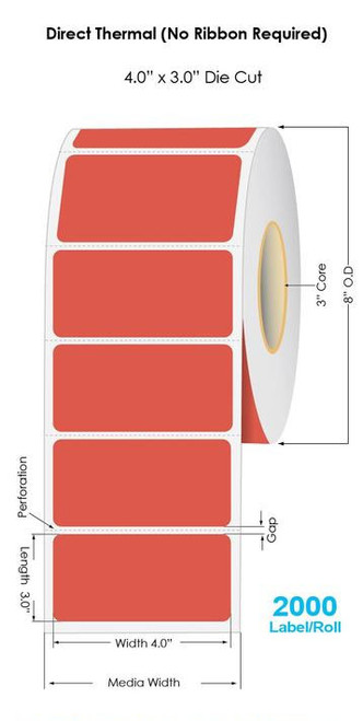 Red Direct Thermal 4" x 3" Floodcoated Labels 2000/Roll - 3" Core | 8" OD Image 1