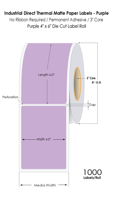 Purple Direct Thermal 4" x 6" Floodcoated Labels 1000/Roll - 3" Core | 8" OD