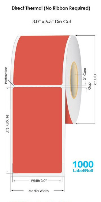 Red Direct Thermal 4" x 6.5" Floodcoated Labels 1000/Roll - 3" Core | 8" OD Image 1