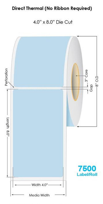 Blue Direct Thermal 4" x 8" Floodcoated Labels 750/Roll - 3" Core | 8" OD Image 1