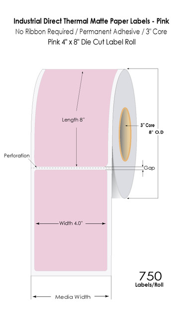 Pink Direct Thermal 4" x 8" Floodcoated Labels 750/Roll - 3" Core | 8" OD