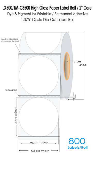LX500 1.375" Circle High Gloss Paper Labels 800/Roll