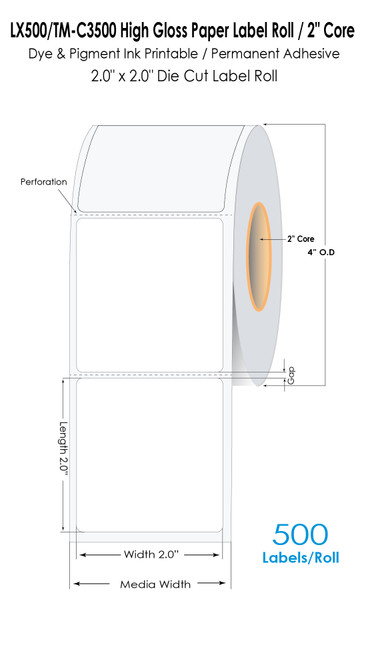 LX500 2" x 2" High Gloss Paper Labels 500/Roll