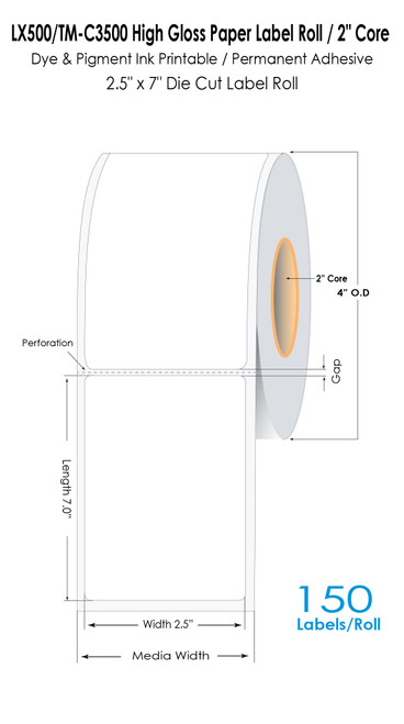 LX500 2.5" x 7" High Gloss Paper Labels 150/Roll LX500 2.5" x 7" High Gloss Paper Labels 150/Roll