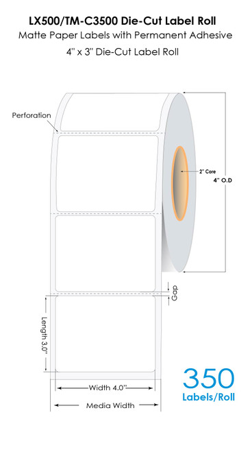 LX500/TM-C3500 4"x3" Die Cut Matte Paper Label 350/Roll Image 1