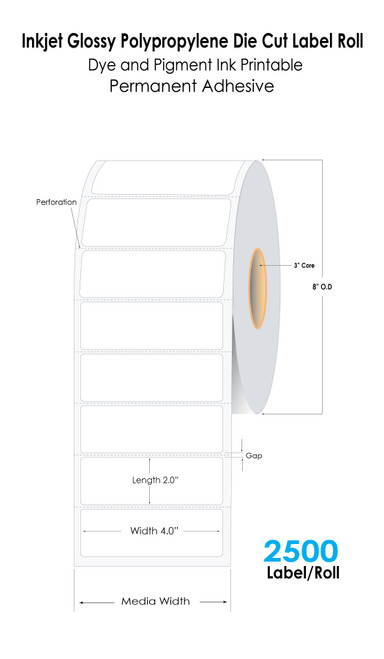 C8000 Inkjet 4"x2" Glossy Polypropylene Labels | 2500 /Roll | 4 Rolls/Carton