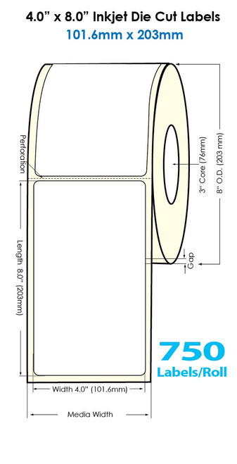 Inkjet 4"x8" Glossy Polypropylene Labels | 750 /Roll | 4 Rolls/Carton