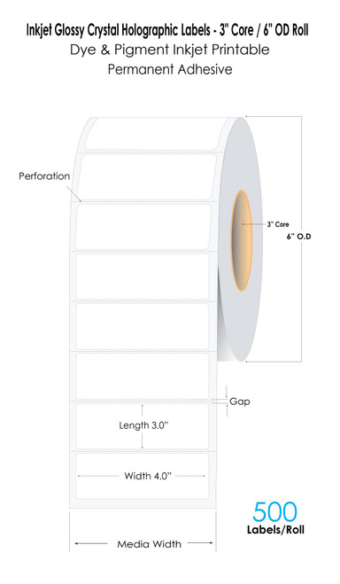 C6500 4" x 3" Inkjet Crystal Holographic Labels 800/Roll | 3" Core/6" OD