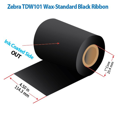 Zebra 4.5" x 1476 Feet TDW101 Black Wax Ribbon with Ink OUT | 24/Ctn