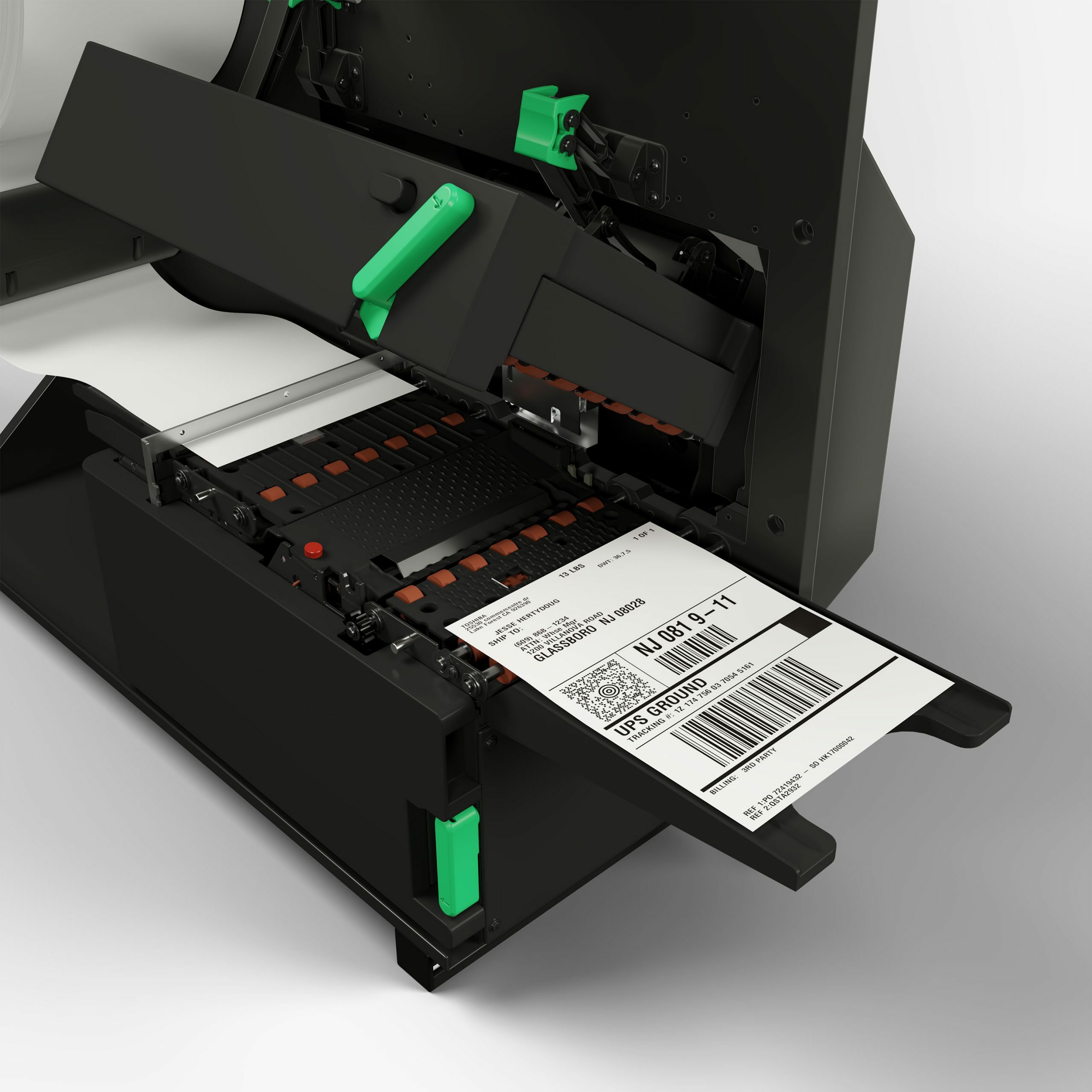 Sleek Toshiba dual-sided printer on a desk with vibrant printouts, symbolizing cutting-edge efficiency.