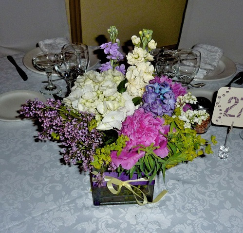 Lilac, Peony, Hydrangea Table Centerpiece  In 5 Inches Square Vase