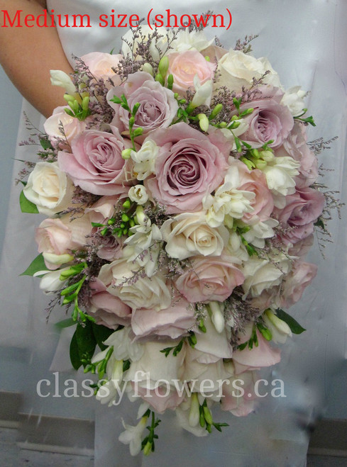 White Fresia And Blush Pink Roses Cascading Bridal Bouquet