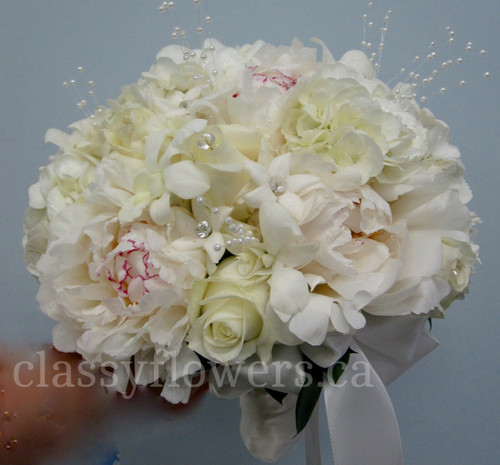 Hand Tied Bridal Bouquet With  Peonies, Hyacinths And Roses