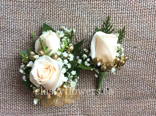  Corsage And Boutonniere Set For Prom With Ivory Roses And Gold Accent
