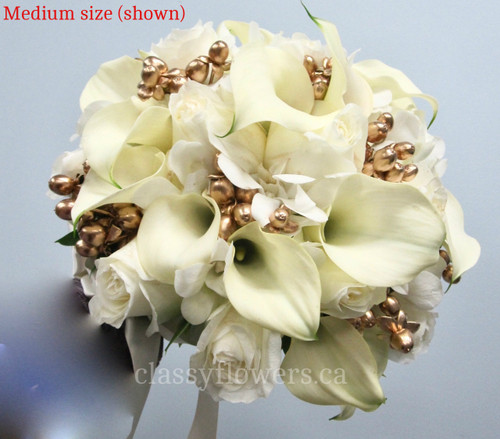 Bridal Bouquet With Mini Calla Lilies, Roses And Gold Accent