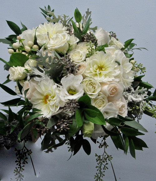 Bridal Bouquet With  Roses, Dahlias, Lisiantus, Eucalyptus  Organic Style 