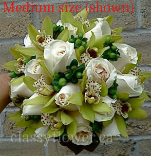  Green Cymbidium Orchids, Green Hypericum Berries and Ivory Roses Bridal Bouquet 