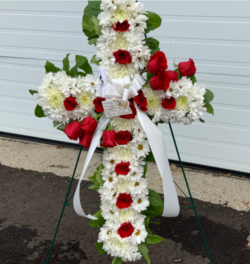 White Standing Cross Flower Arrangement With Red Roses