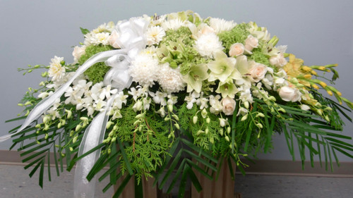 Closed  Premium Plus Casket Spray  With Pastel  Flowers