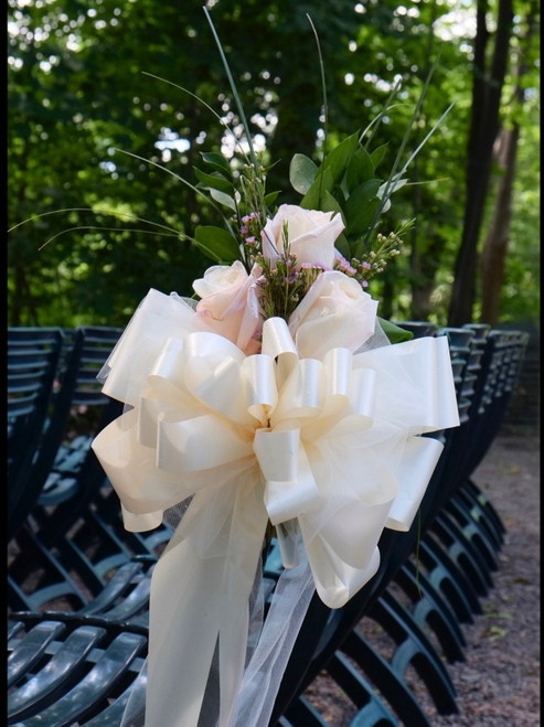 Set Of Six Pew Bows Ivory Tulle And Satin With Pink Roses