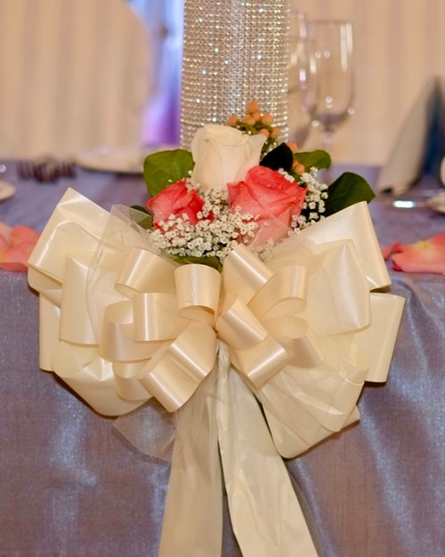 Set Of Six Pew Bows Ivory Tulle And Satin With Mixed Roses