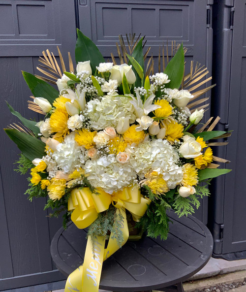 Sympathy Arrangement With White And Yellow Flowers