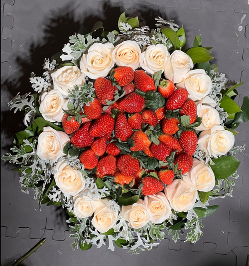 Lady In Red Arrangement With Fresh Strawberry And White Roses 
