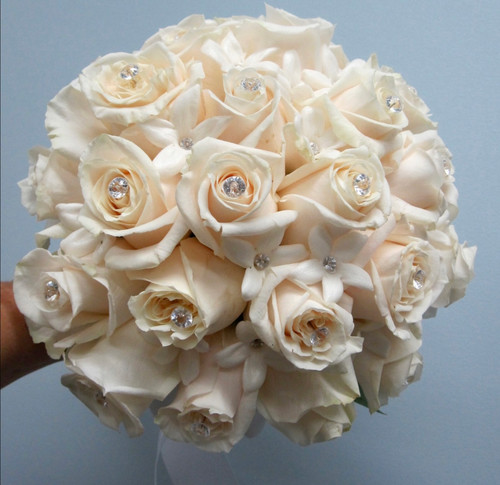 Hand Tied  Bouquet With 24 White Roses And Blooms 