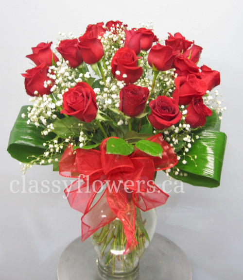 Eighteen Long Stem Red Roses in a Vase For Valentine’s Day