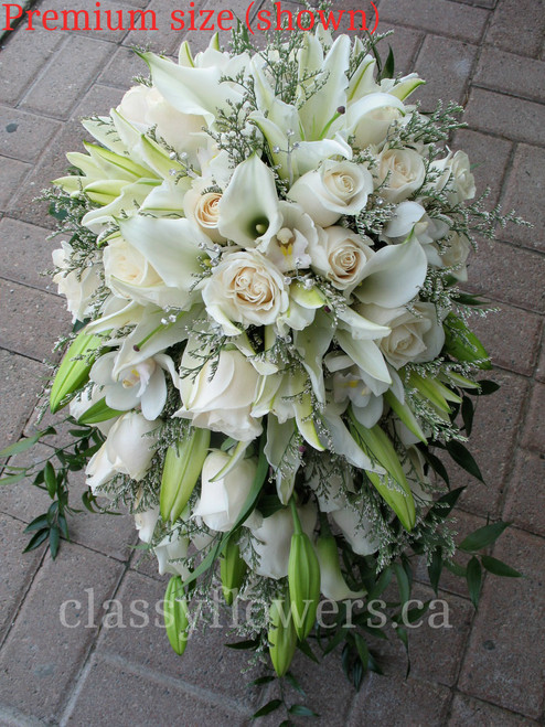 Cascading Bridal Bouquet White Mini Calla Lilies, Oriental Lilies, Orchids and Roses