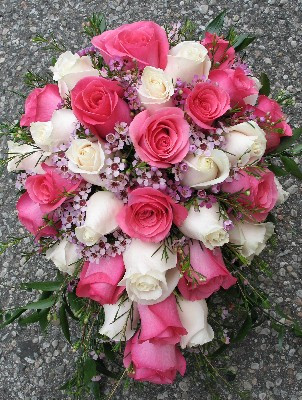 Cascading Bridal Bouquet Pink/Ivory Roses With Wax Flowers