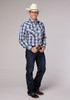 Men's Roper Navy and White Plaid Long Sleeve Pearl Snap Western Shirt