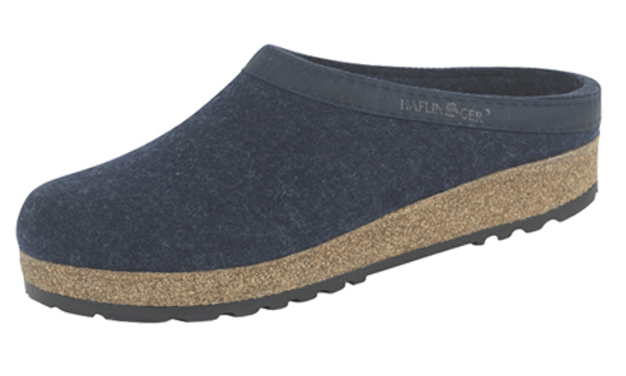 Haflinger Grizzly Wool Felt Clogs Captain s Blue with Leather Trim