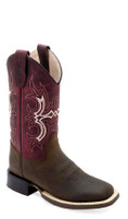 Old West Children's Brown Wide Square Toe Deep Red Top Western Boot