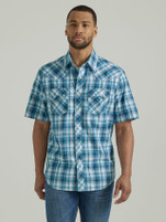 Men's Wrangler Modern Fit Turqoise Plaid Short Sleeve Western Snap Shirt