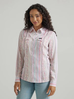 Women's Wrangler Retro Long Sleeve Southwestern Print Western Snap Pink Rayon Shirt 