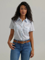 Wrangler Women's Essential Blue Grey Plaid Short Sleeve Snap Western Shirt